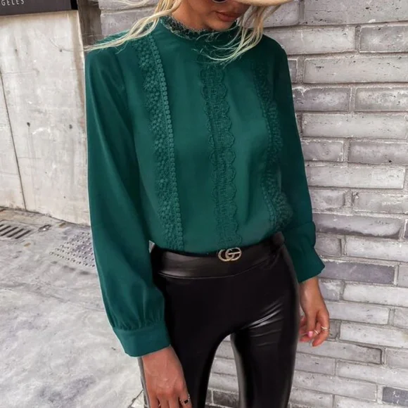 Boho Hunter Green Classic Lace Solid Work Minimalist Top - Picture 9 of 10